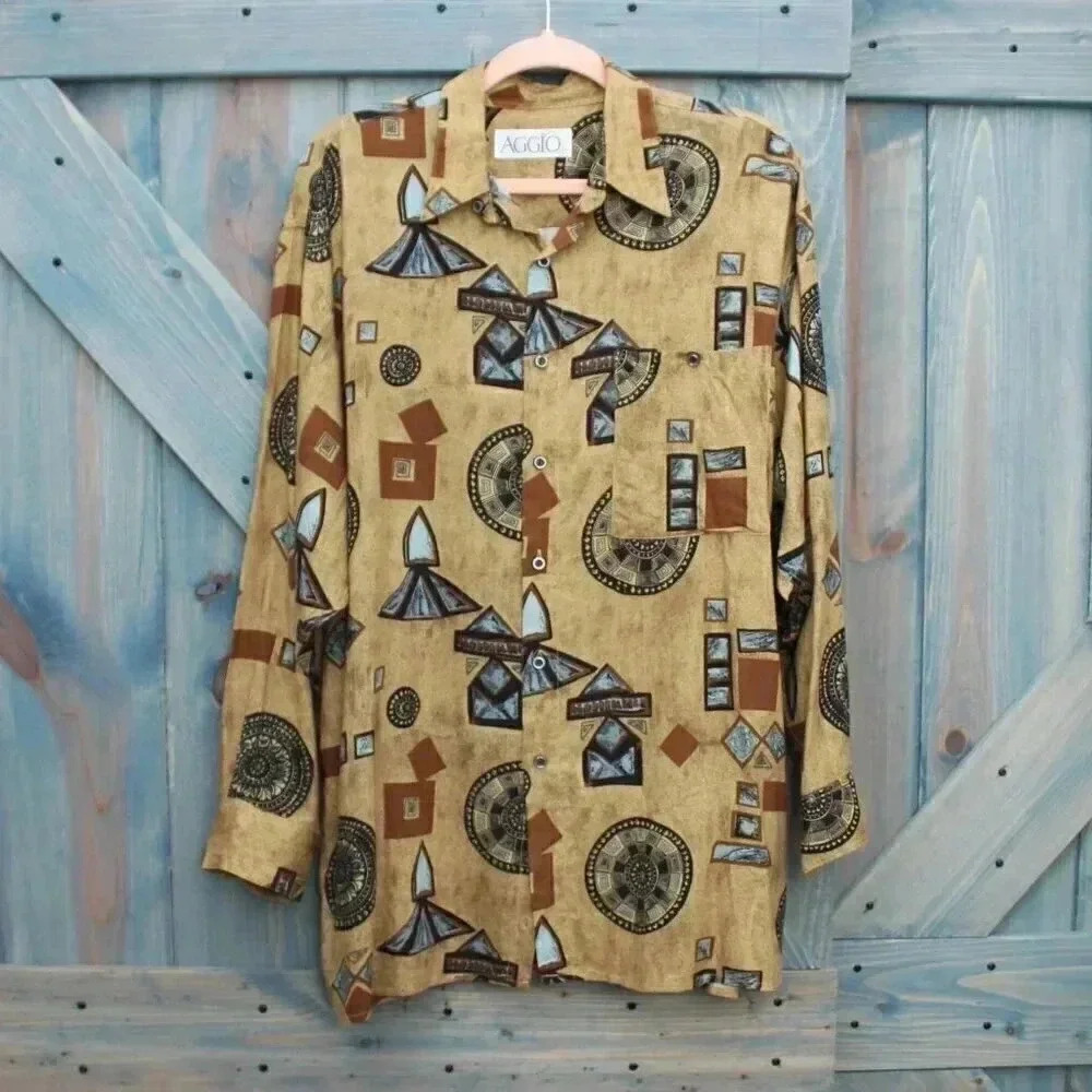 Mens Vintage 80s Abstract Print Button Down Shirt Rayon Burning Man Aggio